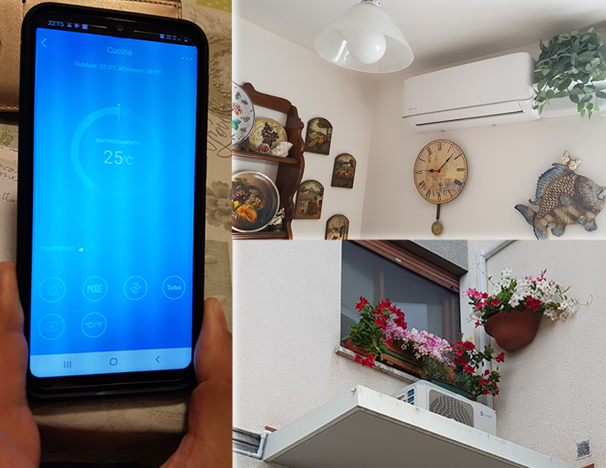 Pametni telefon z aplikacijo za daljinsko upravljanje sistema, slike notranjih in zunanjih enot po namestitvi